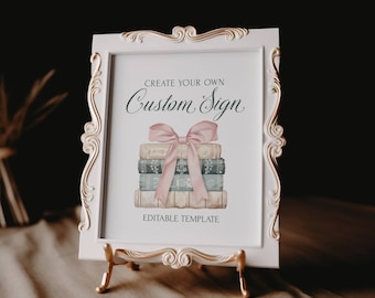 Love Story Custom Sign,  Editable Book Lover Bridal Shower Sign, Blush Pink , Literary Bridal Shower, Coquette Bow, Templett, lsbs1
