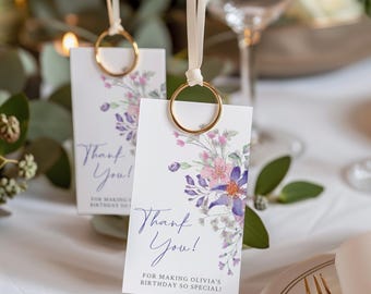 Purple Floral Thank You Tag: Editable Birthday Favor (Digital Download, 2x2/2x3.5 inch)