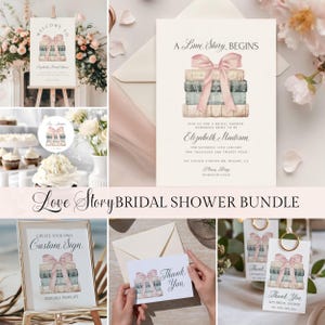 Love Story Bridal Shower Bundle , Book Themed Bridal Shower Bundle, Printable Games, Coquette Bow on Books, Editable in Templett, lsbs1