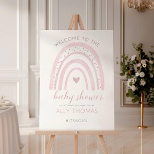 Boho Rainbow Pink Baby Shower Welcome Sign, Editable in Canva, Rainbow Baby Shower Decor, Muted Pink, Instant Download, It&#39;s a Girl