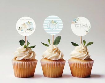 Blauer Kürbis Cupcake Toppers, Kürbis Cupcake Toppers Babyparty, kleine Kürbis Babyparty, Oh Boy Kürbis, bearbeitbare Vorlage, obpbs