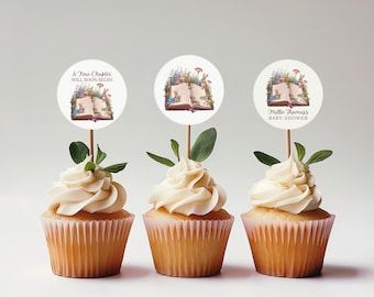 Decorazioni per cupcake a tema baby shower a tema libro, decorazioni per baby shower a tema libro, decorazioni per cupcake neutre per baby shower, filastrocche, modificabili in Canva
