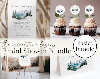 The Adventure Begins Bridal Shower Bundle, Mountain Bridal Shower, Printable, Editable in Canva, Cupcake Toppers, Thank You Card, Welcome