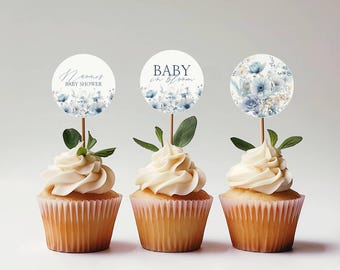 Baby In Bloom Blue Cupcake Toppers - Baby Shower Decor - Boy Baby Shower - Blue Floral Spring Baby Shower - Printable  - Templett - bibbl