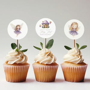 Fairy First Birthday Party Cupcake Toppers - Baby Shower Decor - Gender Reveal - Purple Fairy - Template - Edit in Templett - Magical