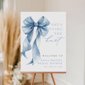 Blue She's Tying The Knot Welcome Sign | Dusty Blue Bow Bridal Shower | Instant Download | Blue Ribbon Bridal Shower Sign | Templett -  knbl