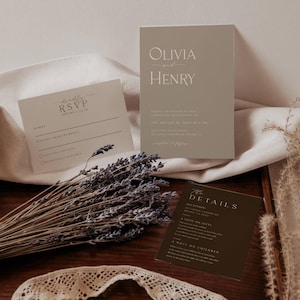 May include: Wedding invitation suite in a brown and beige colour scheme. The invitation card features the names "Olivia and Henry" in a minimalist font. The RSVP card includes a section for guest names and dietary requirements. The details card includes information about the reception, gifts, and children.