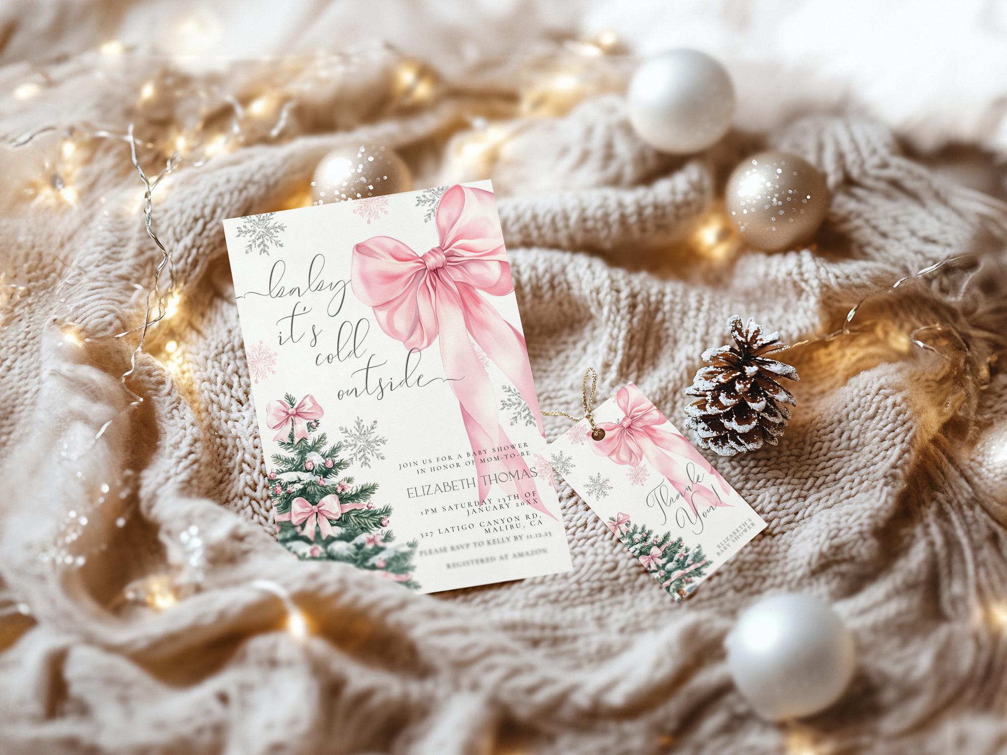 Pink Christmas Baby Shower Invitation & Favor Tag Editable Template