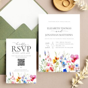 Wildflower Wedding Invitation with QR Code RSVP - Personalize Your Invite - Printable Invitation - Templett - Bright Floral Invite - WFWI