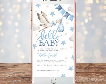 Stork Baby Shower Invitations Digital Download, It's a Boy Baby Shower, Hello Baby Shower Template, Editable in Templett, Blue, bsbs2
