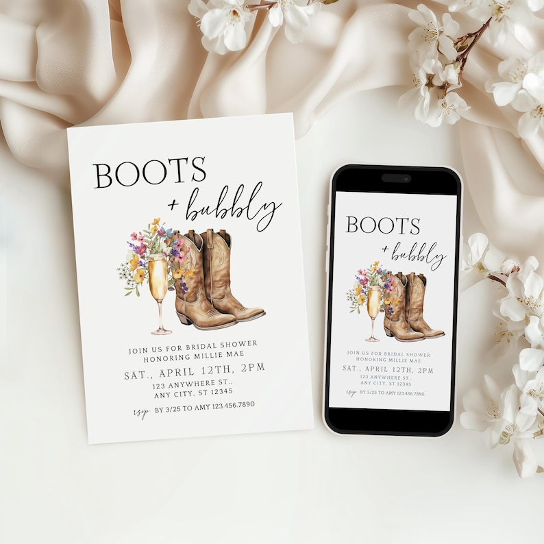 Boots and Bubbly Bridal Shower Invite & Text Invite | Western Fall Bridal Brunch | Editable Cowgirl Template with Wildflowers, Canva image 1