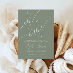 Boy Baby Shower Invitation Sage Green Neutral - Minimalist Baby Shower Invite - Gender Neutral - Oh Baby - Templett - Editable - sgnbsi