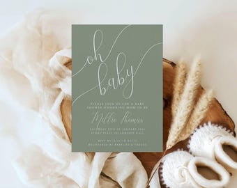 Invitación para baby shower de niño en verde salvia neutro - Invitación minimalista para baby shower - Género neutro - Oh Baby - Templett - Editable - sgnbsi