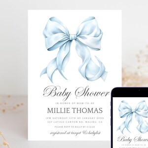 Blue Bow Baby Shower Invitation - Editable Template - Minimalist Design - Editable Blue Bow Baby Shower Invitation - Templett - bbbs1