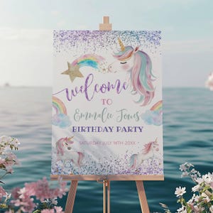Unicorn Welcome Birthday Sign -Editable Instant Download, Custom Party Decor, Magical Unicorn Celebration Sign, Glitter - Templett - un3b