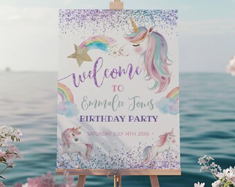 Eenhoorn welkom verjaardagsteken - bewerkbaar direct downloaden, aangepast feestdecor, magische eenhoorn feestbord, glitter - Templett - un3b