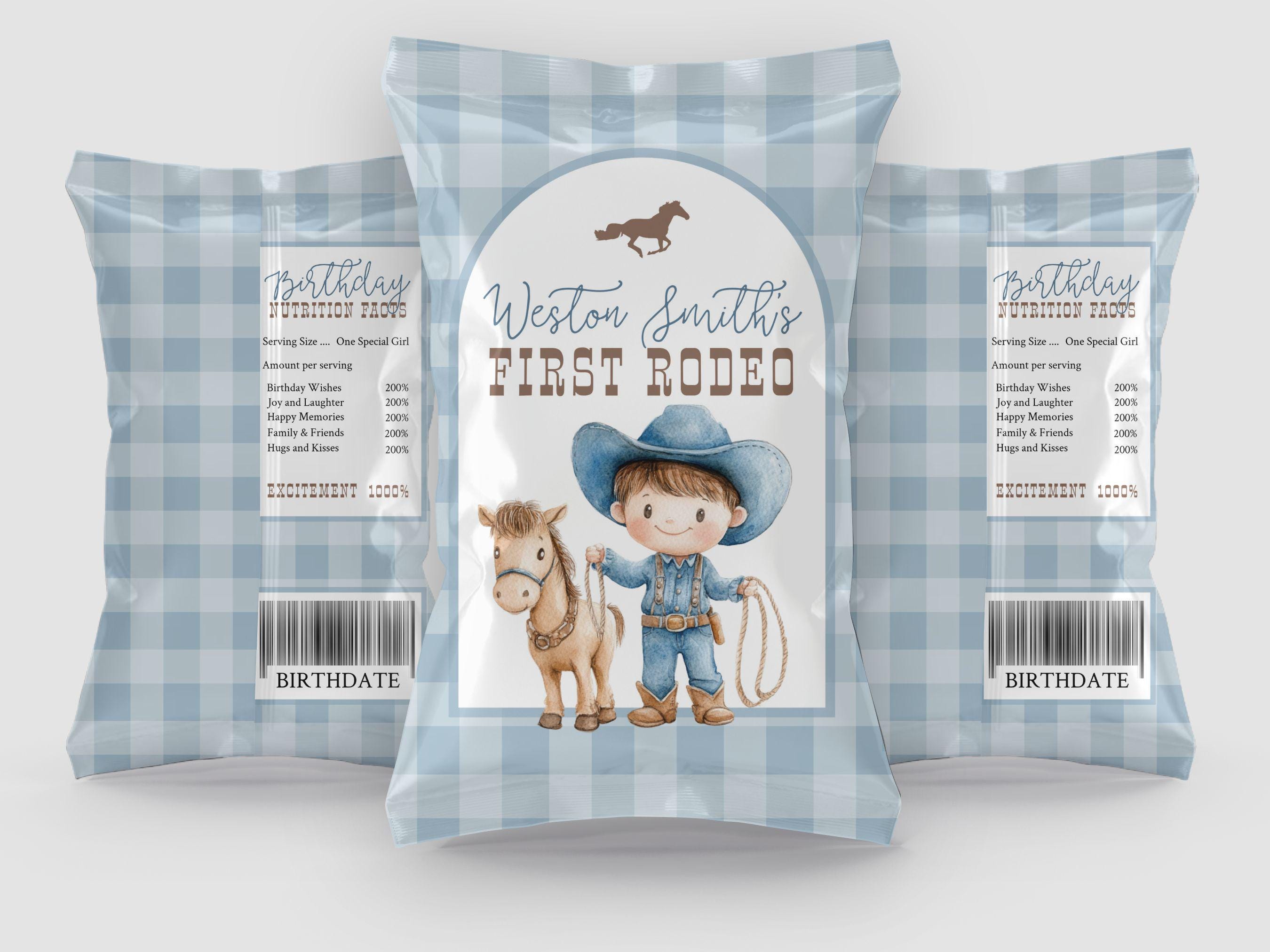 My First Rodeo Chip Bag First Rodeo Chip Bag Template - Editable Blue Cowboy Chip Bag Favor ...