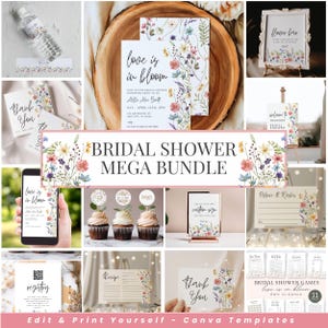 May include: A collection of floral-themed bridal shower stationery, including invitations, thank you cards, and signs. The designs feature watercolor flowers and the text "love is in bloom". The bundle includes editable Canva templates.