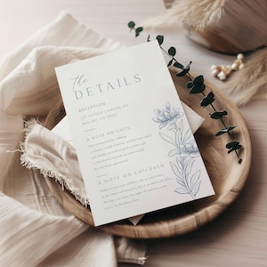 Cartão de detalhes do casamento azul empoeirado, modelo de cartão de detalhes do casamento para impressão, editável, download instantâneo, digital, personalizado em Templett, dbw
