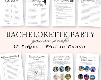 May include: A printable bachelorette party game pack with 12 pages. The games include "Would She Rather", "Match the Celebrity Couples", "Romantic Movie Quotes", "Who Knows the Bachelorette Best", "Bachelorette Over or Under", "Bachelorette Bingo", "How Old Was the Bachelorette", and "Where Were They".