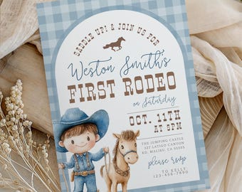 First Rodeo Birthday Invitation: Western Gingham Cowboy Themed Party Template for Boys - 4545