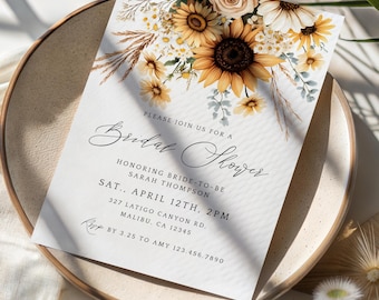 Sunflower Bridal Shower Invites, Editable Template, Rustic Bridal Shower, Edit & Print Today, Sunflower Bridal Shower Templett, sunfl