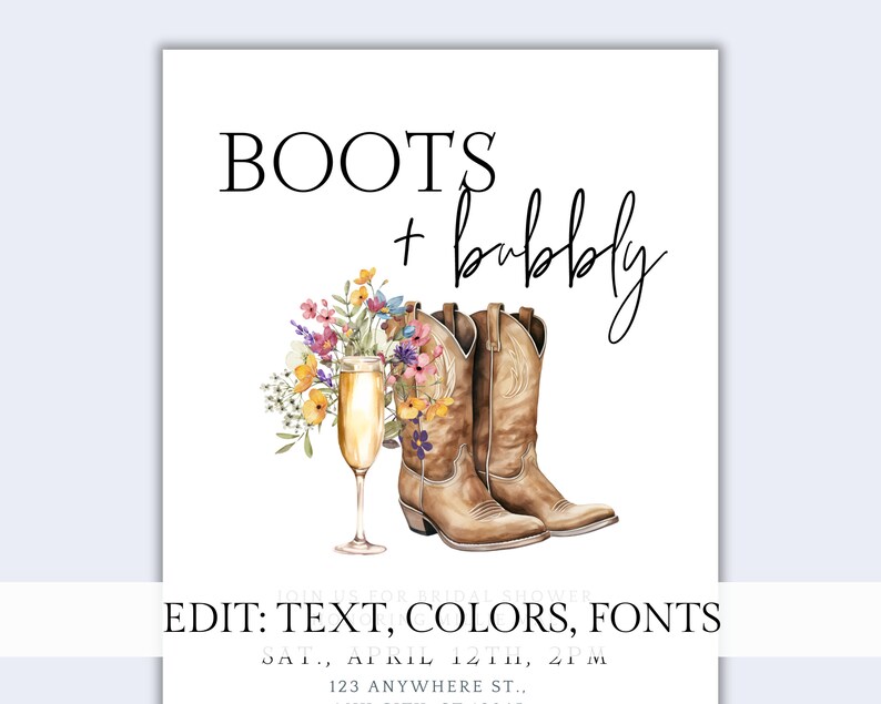 boots and bubbly wildflower bridal shower invitation, boho, western, cowboy