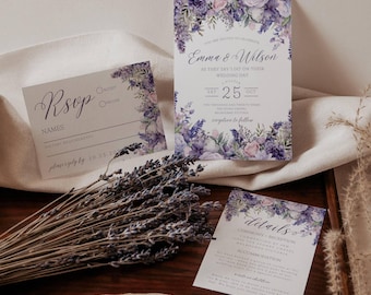 Sage Green And Lavender Wedding Invitation Set,  Lilac Invitation, Lavender Wedding Invites, Sage Green, RSVP, Details, Canva Template