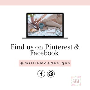 May include: A laptop computer with a woman's hands typing on the keyboard. The laptop is open to a website with a light blue background. The text "Find us on Pinterest & Facebook" is displayed on the screen. The text "@milliemaedesigns" is displayed below the screen. The image also includes a Facebook and Pinterest icon.