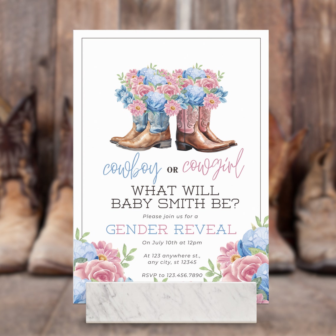 Gender Reveal Invitation Boots Country Western Invite Edit Gender ...