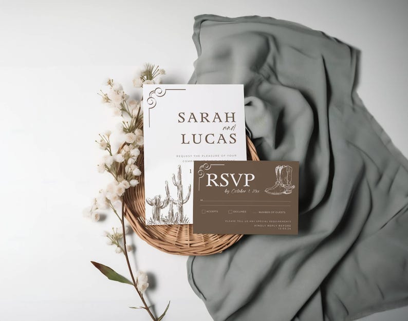 May include: A wedding invitation suite with a rustic theme. The main invitation features a white background with brown text that reads "Sarah and Lucas" and a drawing of cacti. The RSVP card is brown with white text and a drawing of cowboy boots.
