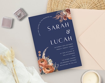 Terracotta and Navy Wedding Invitation, Instant Download, Editable Burnt Orange And Navy Wedding Invite, Floral, Canva Template, Download