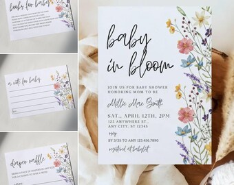 Set di inviti modificabili Baby In Bloom, set per baby shower Wildflower Baby In Bloom, modello modificabile, minimale, Canva, libri per neonati e biglietti