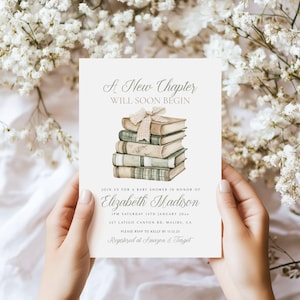 New Chapter Baby Shower Invitation - Editable Template -  Sage Green Books and Coquette Bow -  Bookstack - Customizable in Templett - ncn2