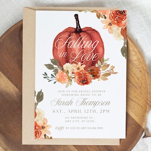 Falling In Love bruids douche sjabloon, Fall In Love bruids douche uitnodiging, canva sjabloon digitale download, bruids douche pompoen bloemen