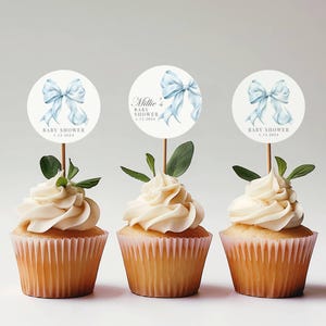 Décoration pour cupcakes avec noeud bleu - Baby Shower Decor - Gender Reveal - Blue Coquette Theme - Imprimable - Modèle numérique - Modifier à Templett - bbbs1