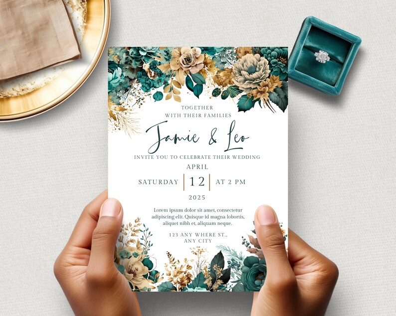 Teal &amp; Gold Wedding Invitations Edit in Canva, Teal and Gold Wedding ...