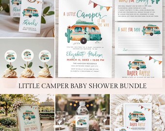 May include: A baby shower bundle with a desert-themed camper design. The bundle includes a welcome sign, invitations, cupcake toppers, water bottle labels, diaper raffle tickets, and a book request card. The colors are teal, orange, brown, and white.