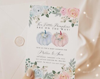 Twins Baby Shower Pumpkin Boy and Girl - Fall Twins Shower Invitation (Editable Template) - 085