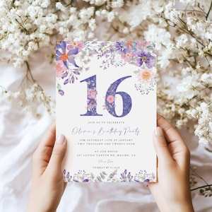 16th Birthday Party Invite Template, Editable in Templett, Sweet Sixteen Birthday Invitation, Purple, Floral, Pink, Sixteen, Girls, Lavender