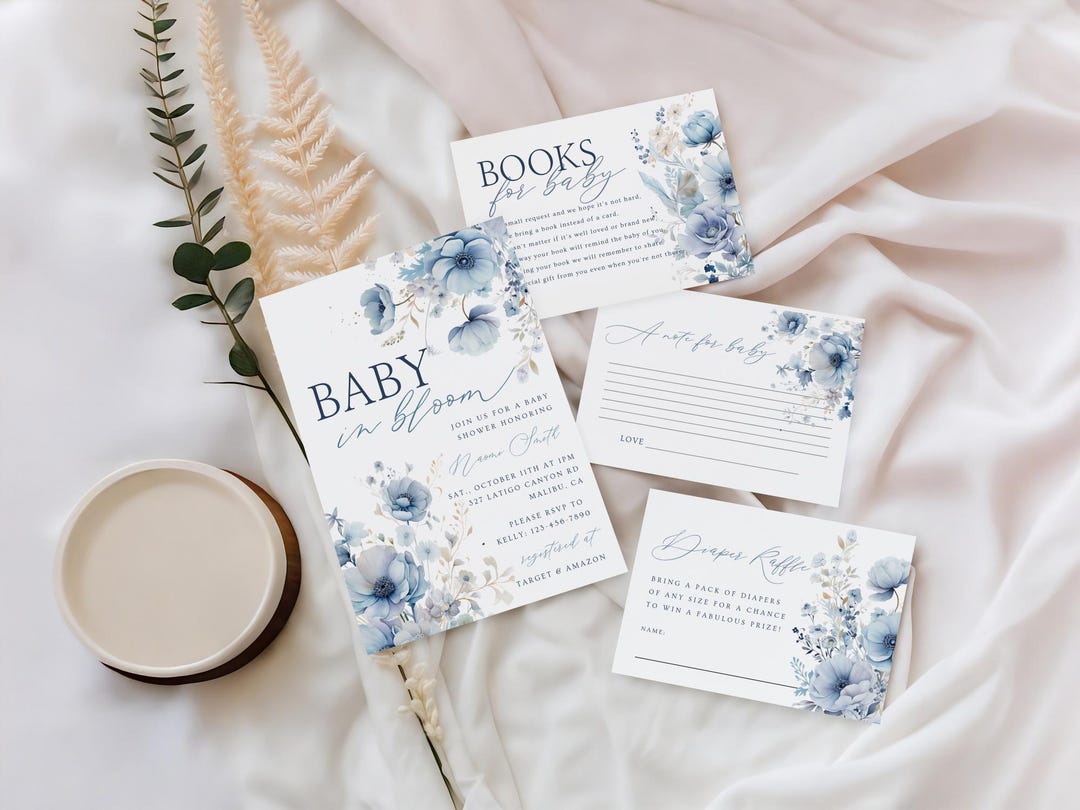 Babyparty Einladungskarten 'It's A Boy' – 20-teiliges Set Mit Blauem Blumen-Design & Umschlägen