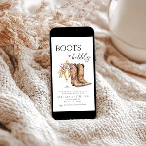 Boots and Bubbly Bridal Shower Invite & Text Invite | Western Fall Bridal Brunch | Editable Cowgirl Template with Wildflowers, Canva image 3