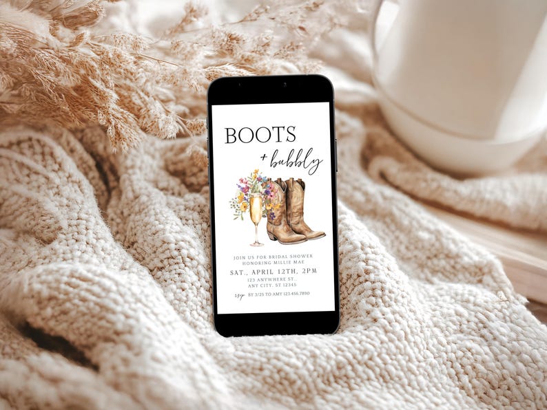 Boots and Bubbly Bridal Shower Invite & Text Invite | Western Fall Bridal Brunch | Editable Cowgirl Template with Wildflowers, Canva image 3