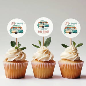 Little Camper Cupcake Toppers, Neutral Baby Shower Decor, Camping Baby Shower, Editable Cupcake Toppers, Printable, Templett, Boho Camper