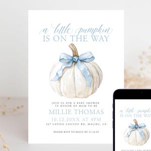 Pumpkin With Bow Baby Shower Invitation - Little Pumpkin is On The Way - Blue Bow Baby Shower Invite - Editable Template - Templett - pwbb1