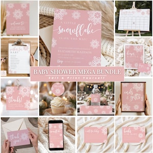 Pink Snowflake Baby Shower Invitation Bundle: Winter Girl Theme (Templett Digital Download)