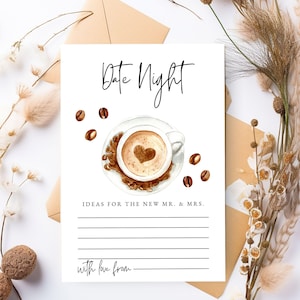 Tarjetas para una noche de cita para la ducha, café para la despedida de soltera, el amor se está gestando, juegos para una despedida de soltera con café, plantilla imprimible de Canva, ideas para una noche de cita