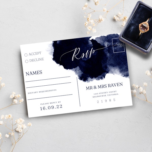 Wedding Rsvp Card Template | Kindly Reply | Response Cards | Dark Blue | Instant Download | Navy Wedding Invitation, Navy Watercolor Wedding