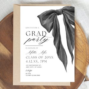 Black Bow Graduation Invitation - Editable - Graduation Invite - Elegant Design - Modern Coquette Bow - Instant Download - Canva Template