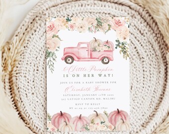 Pink Truck Pumpkin Baby Shower Invitation: Fall Girl Theme (Digital Download 5x7" Template) 013